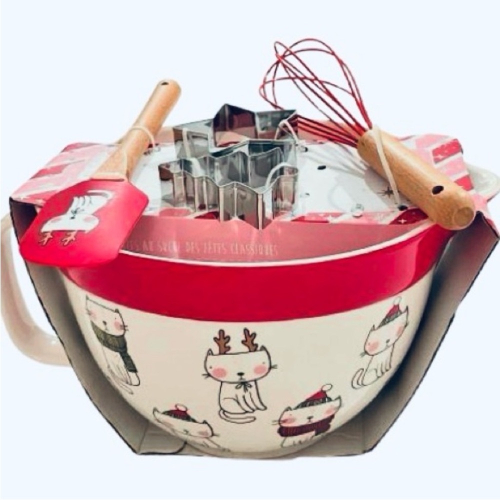 🆕 -The Bakeshop-Festive Cat Christmas Mixing Bowl & Utensils Five Piece Set NWT